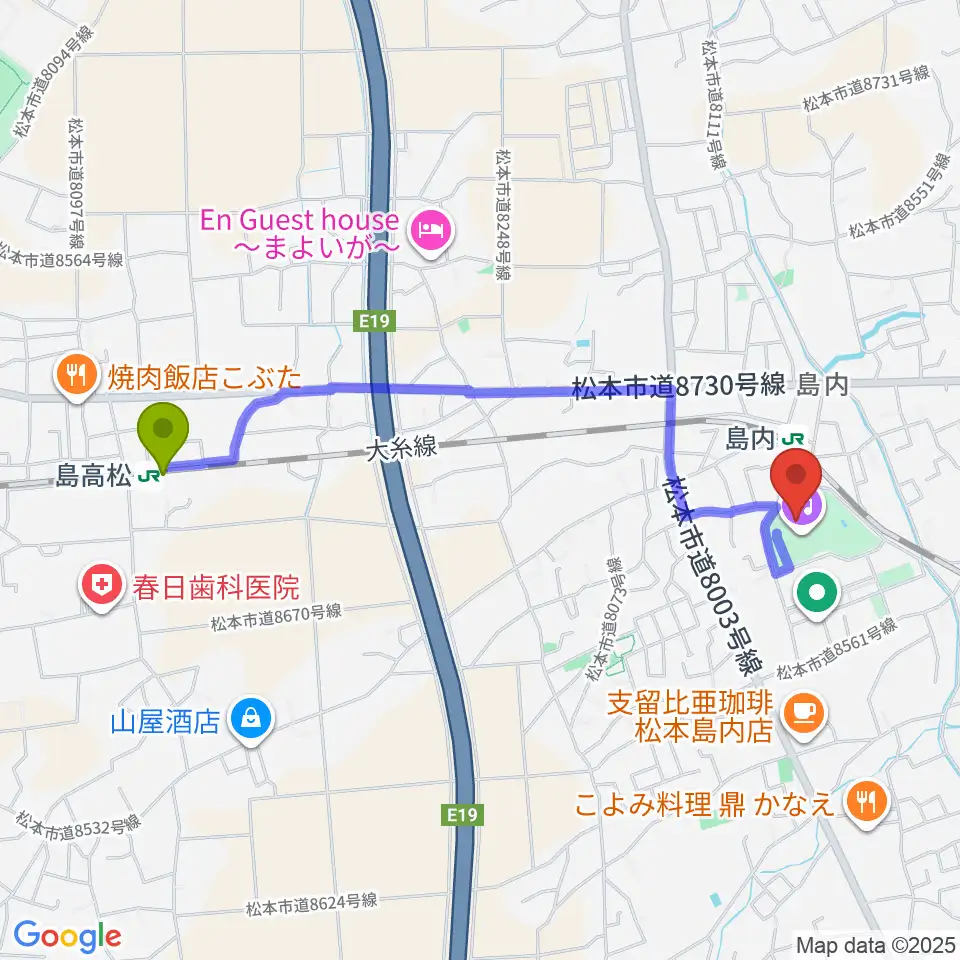 島高松駅から松本市音楽文化ホール ザ・ハーモニーホールへのルートマップ地図