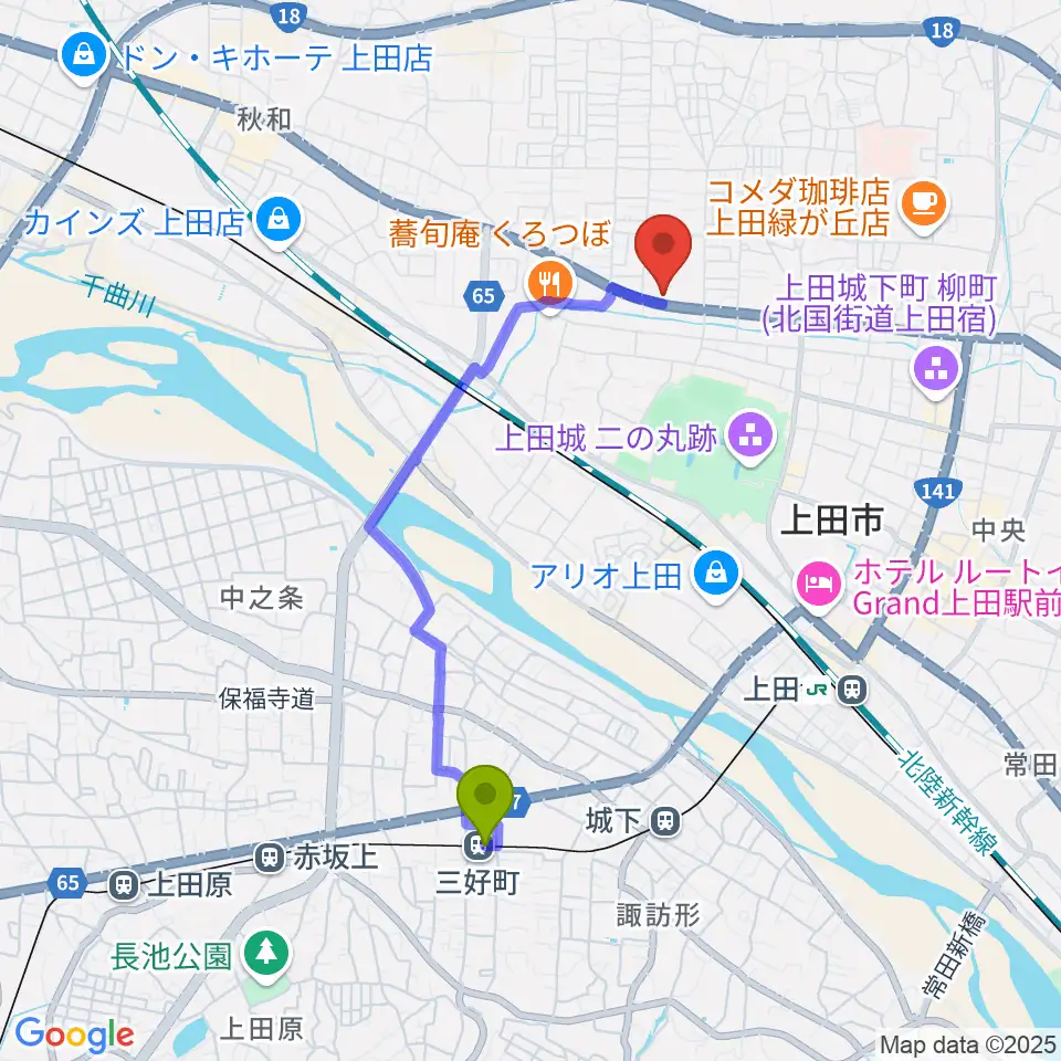 三好町駅からサンピアン 上田店へのルートマップ地図