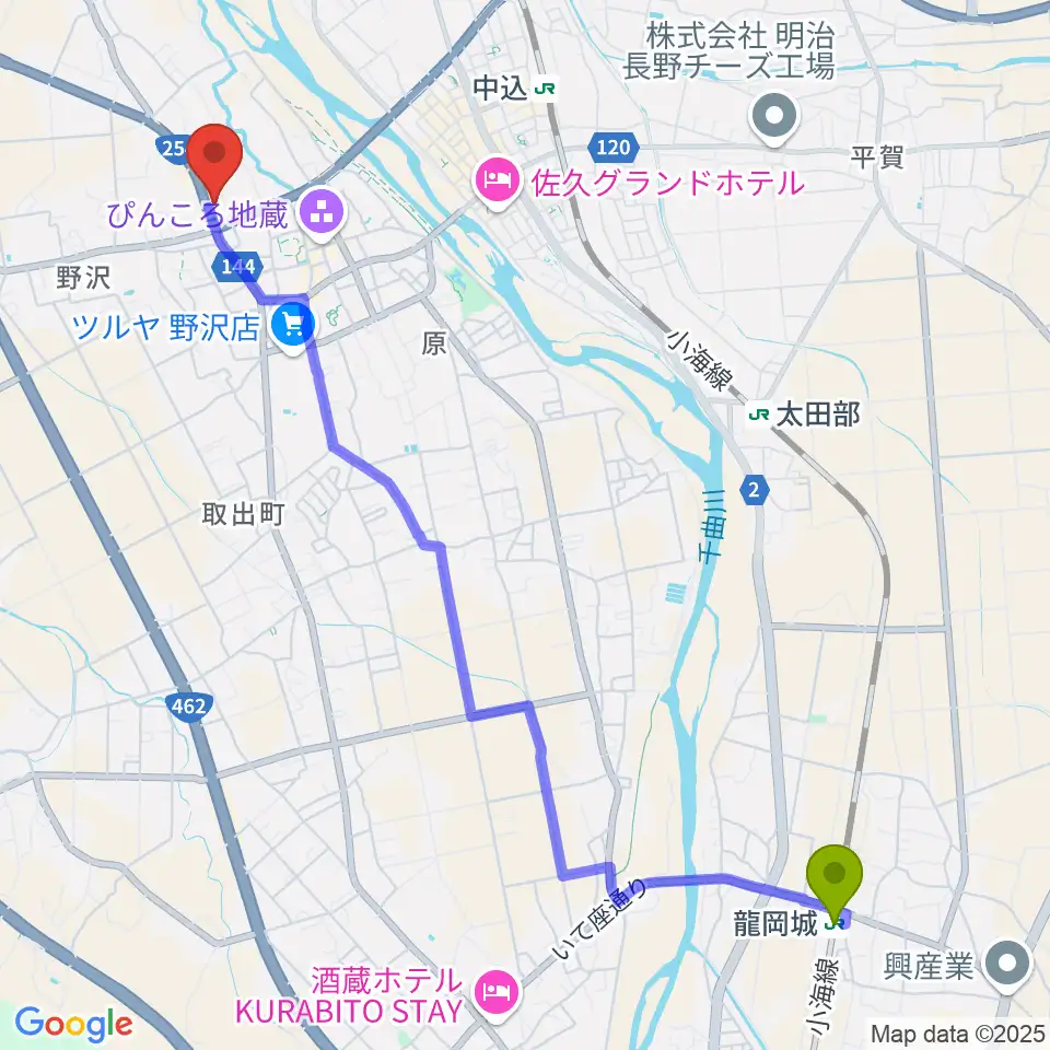 龍岡城駅からサンピアン佐久店へのルートマップ地図