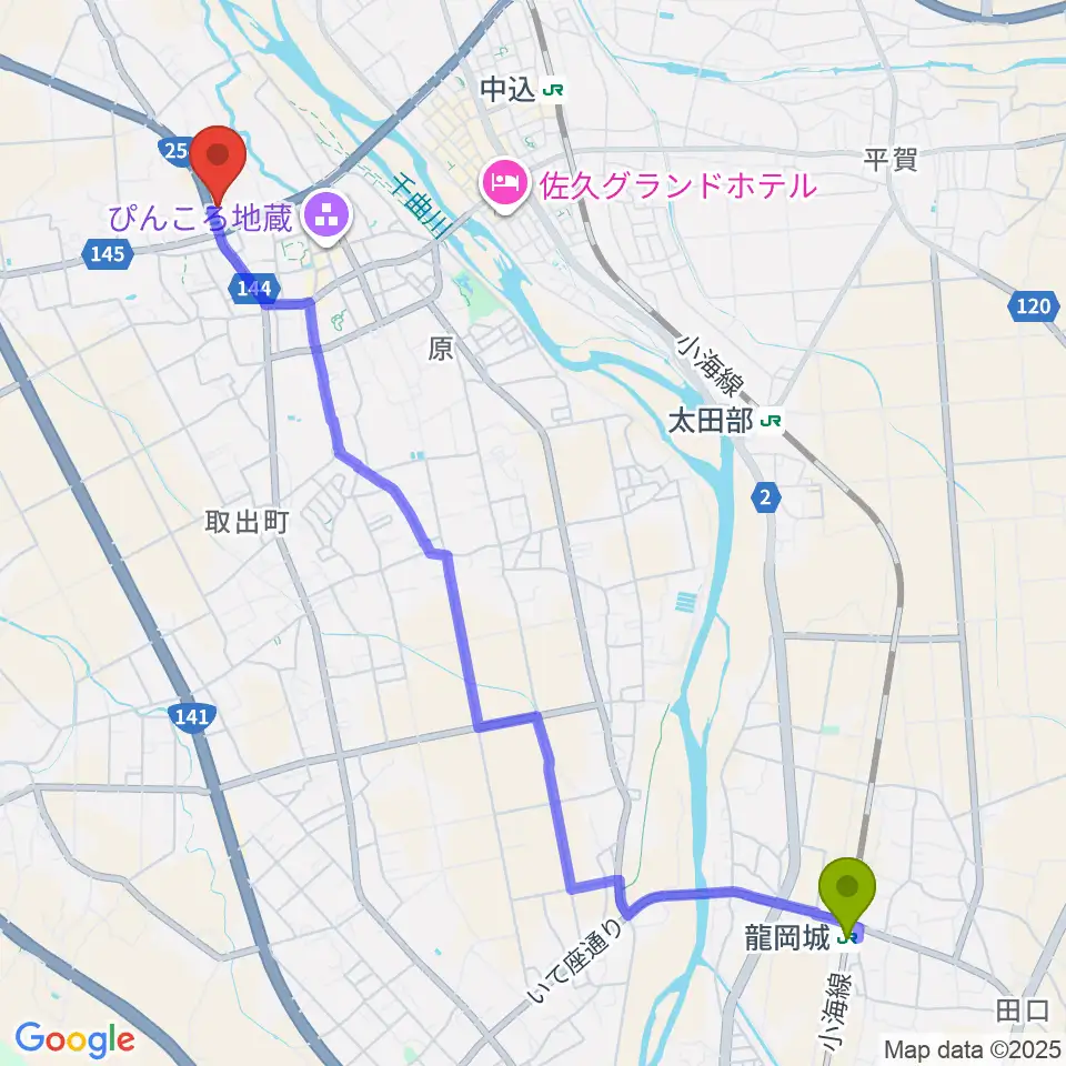龍岡城駅からサンピアン佐久店へのルートマップ地図