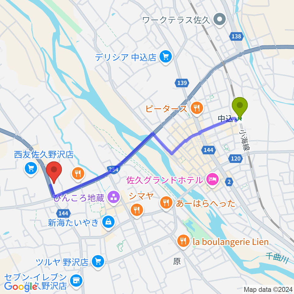 サンピアン佐久店の最寄駅中込駅からの徒歩ルート（約21分）地図