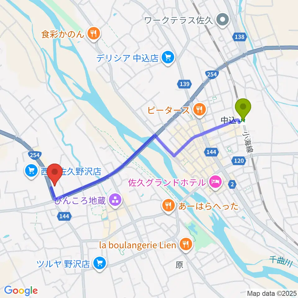 サンピアン佐久店の最寄駅中込駅からの徒歩ルート（約21分）地図
