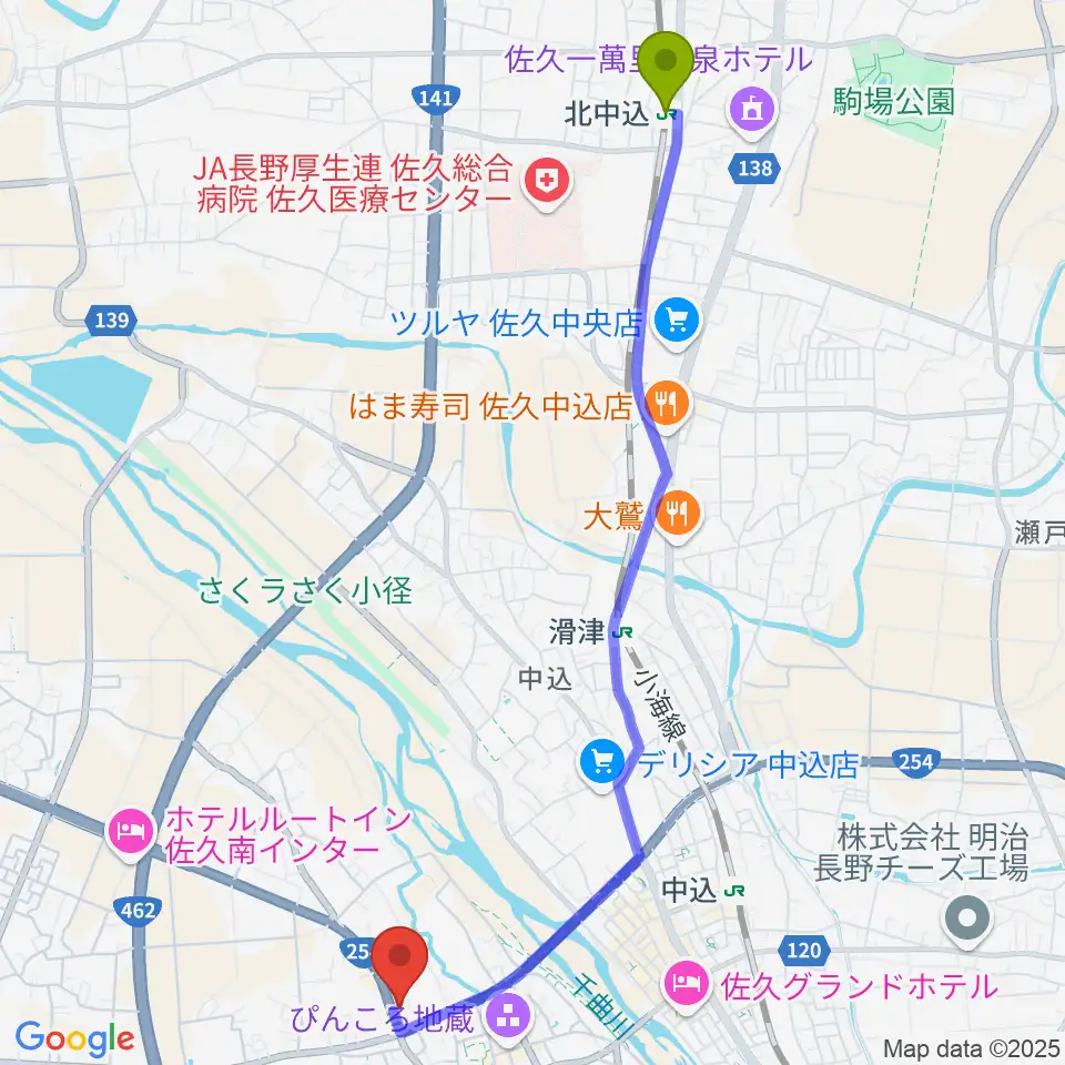 北中込駅からサンピアン佐久店へのルートマップ地図