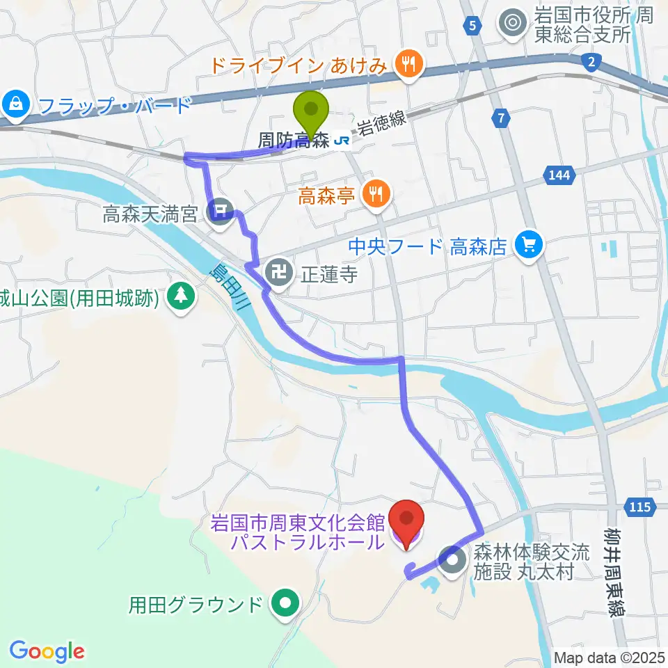 パストラルホール 岩国市周東文化会館の最寄駅周防高森駅からの徒歩ルート（約20分）地図