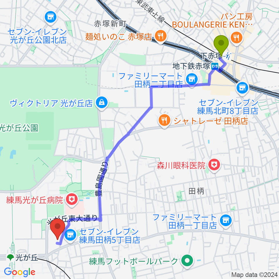 下赤塚駅から光が丘美術館へのルートマップ地図