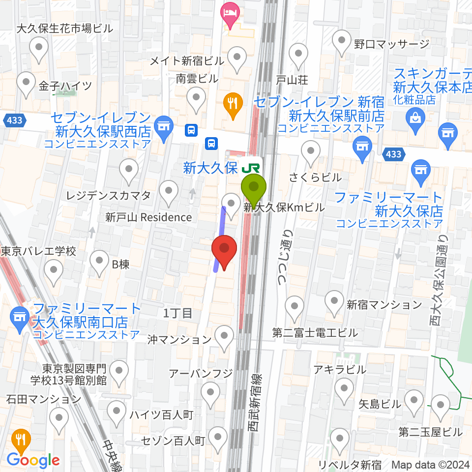 新大久保CLUB Voiceの最寄駅新大久保駅からの徒歩ルート（約1分）地図