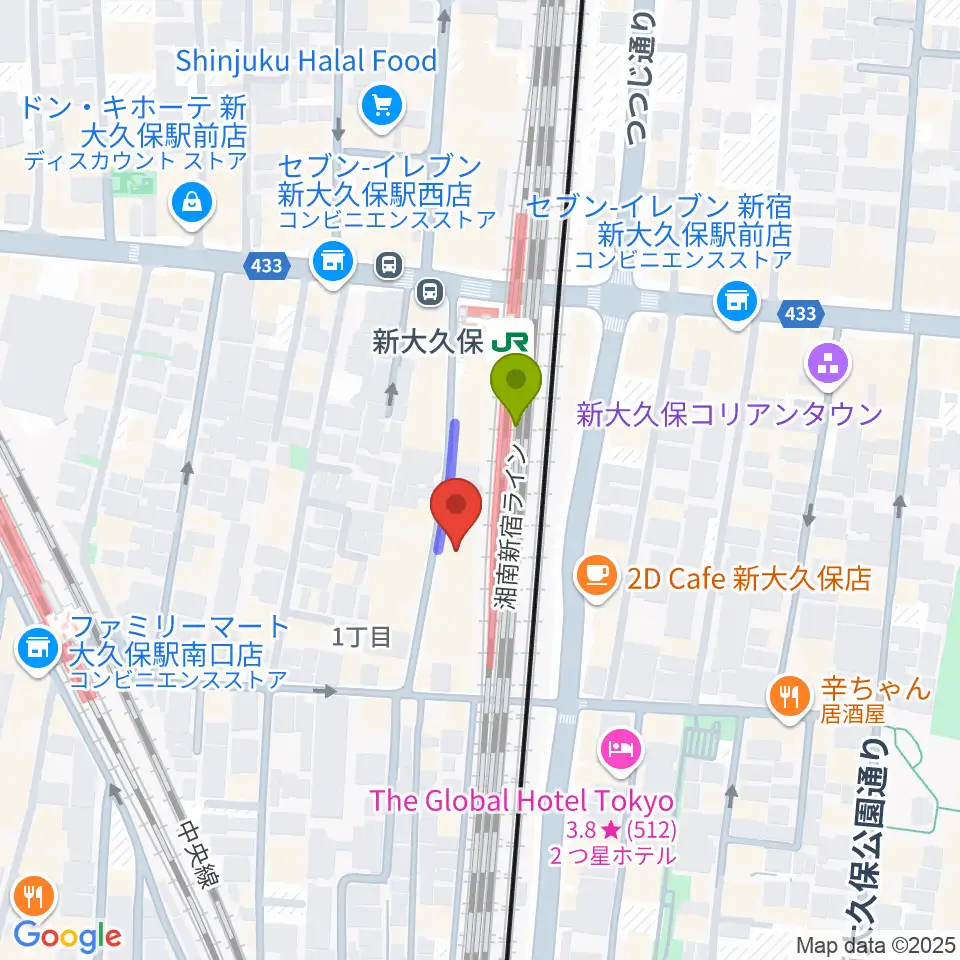 新大久保CLUB Voiceの最寄駅新大久保駅からの徒歩ルート（約1分）地図