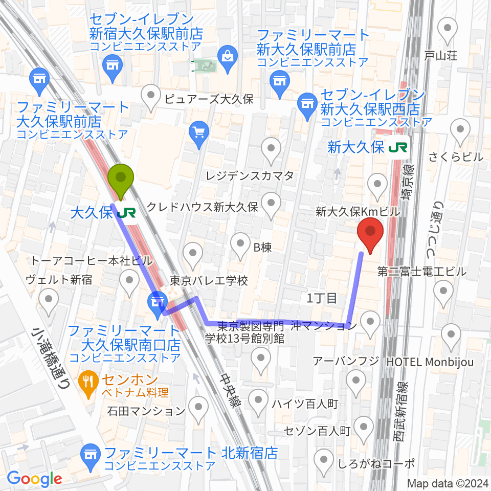 大久保駅から新大久保CLUB Voiceへのルートマップ地図