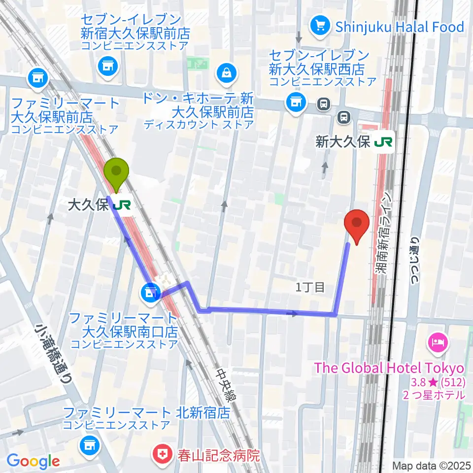 大久保駅から新大久保CLUB Voiceへのルートマップ地図