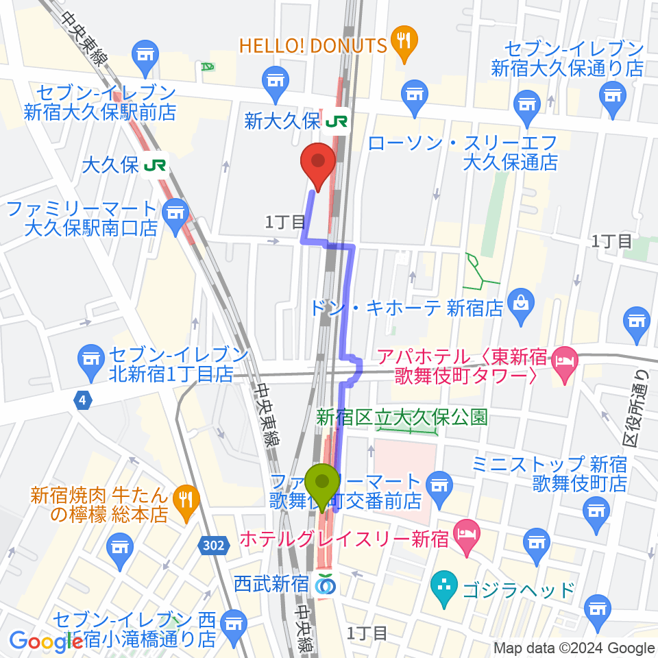 西武新宿駅から新大久保CLUB Voiceへのルートマップ地図