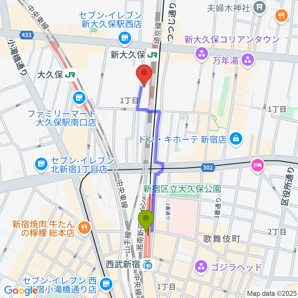 西武新宿駅から新大久保CLUB Voiceへのルートマップ地図