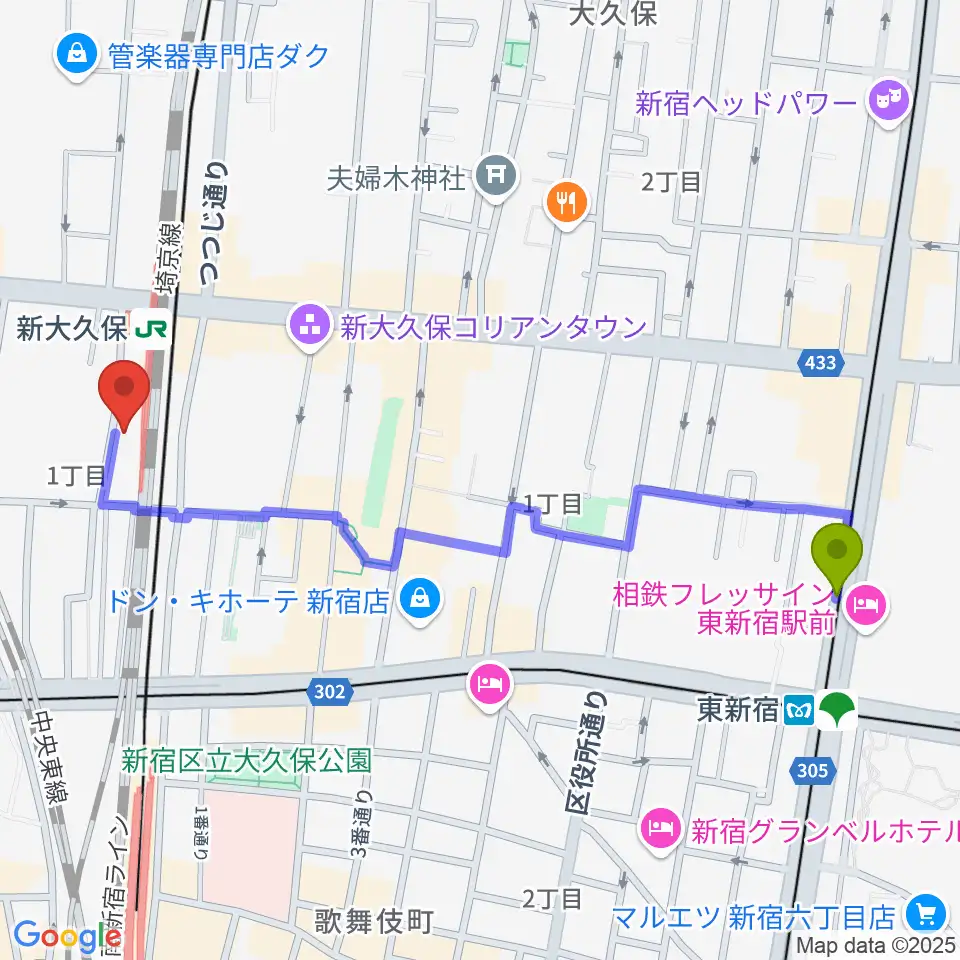 東新宿駅から新大久保CLUB Voiceへのルートマップ地図