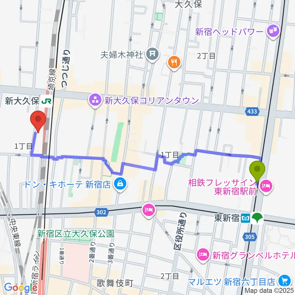東新宿駅から新大久保CLUB Voiceへのルートマップ地図