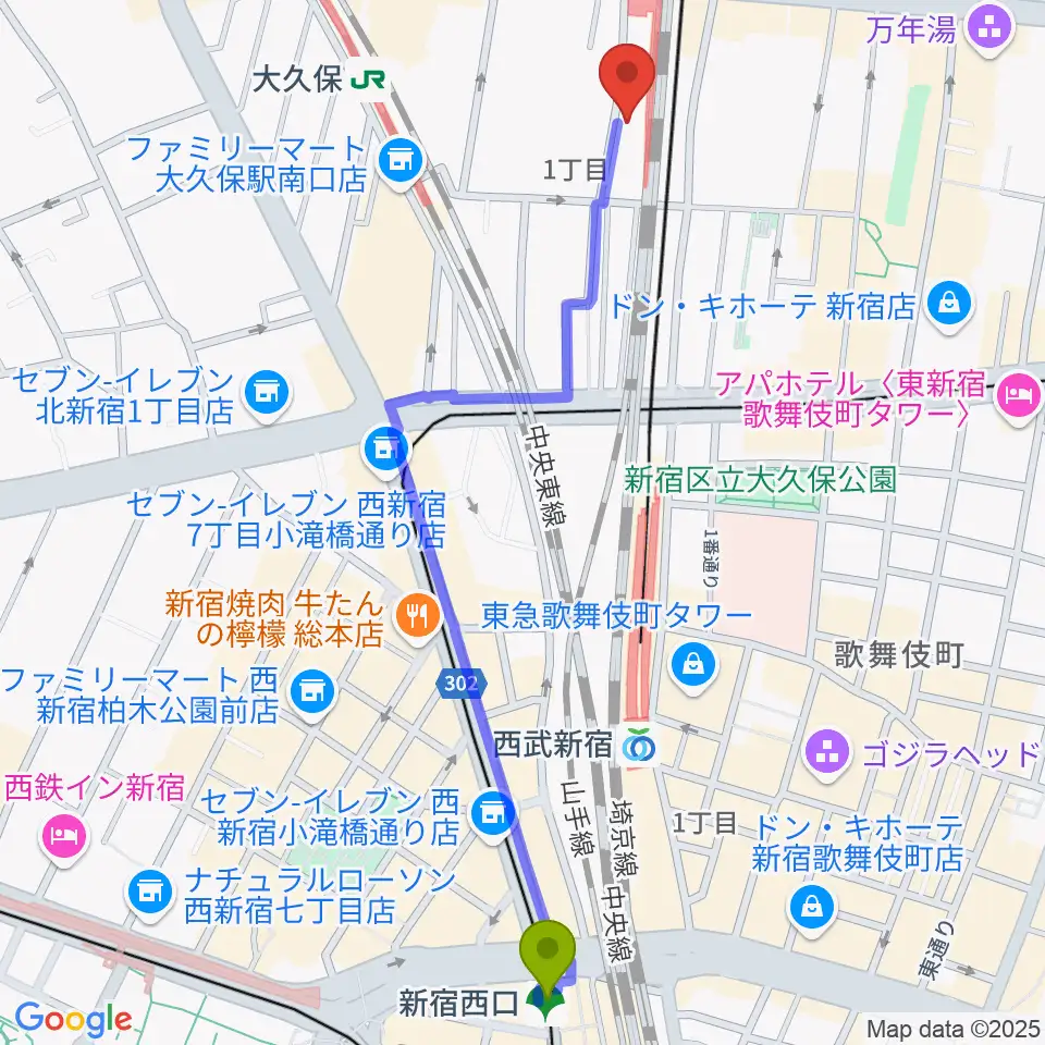 新宿西口駅から新大久保CLUB Voiceへのルートマップ地図