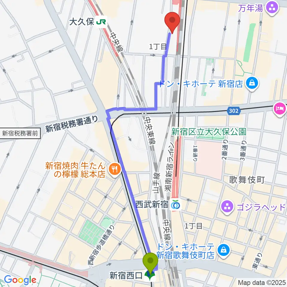 新宿西口駅から新大久保CLUB Voiceへのルートマップ地図