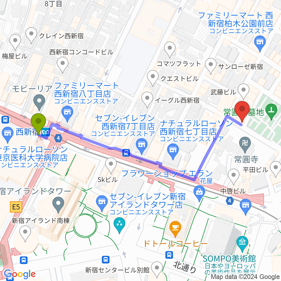 西新宿駅から新宿21世紀へのルートマップ地図