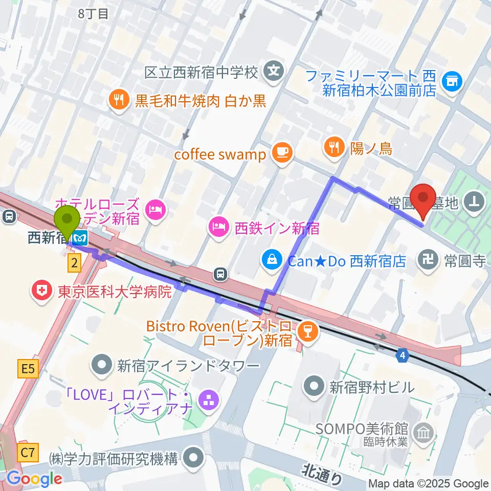 西新宿駅から新宿21世紀へのルートマップ地図