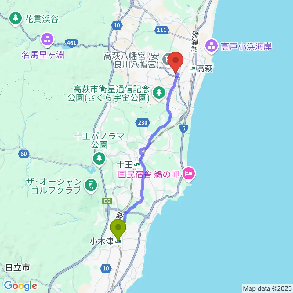 小木津駅から高萩市文化会館へのルートマップ地図