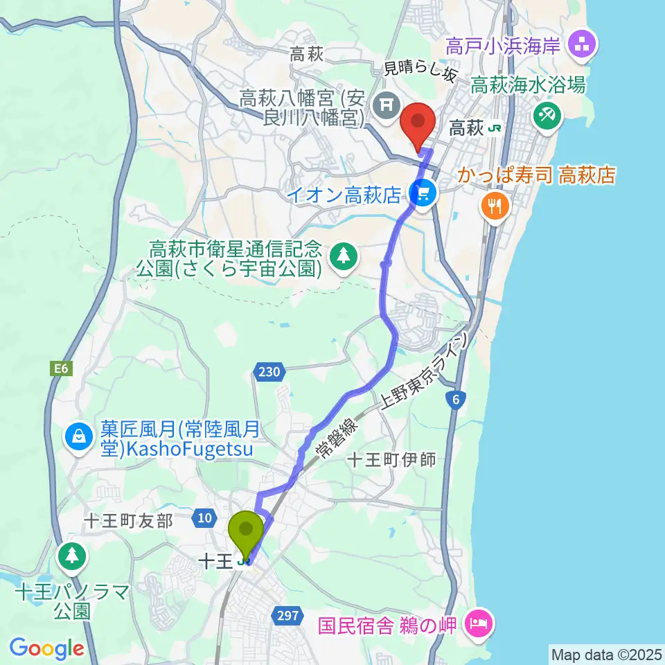 十王駅から高萩市文化会館へのルートマップ地図