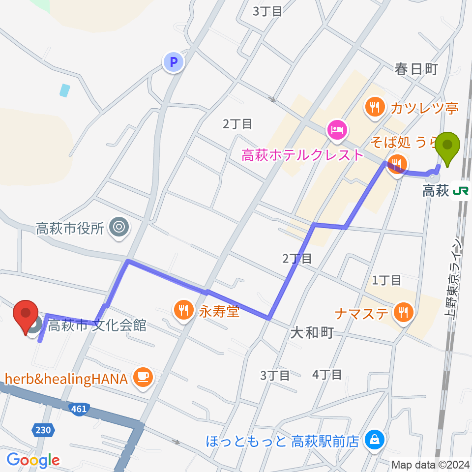 高萩市文化会館の最寄駅高萩駅からの徒歩ルート（約15分）地図