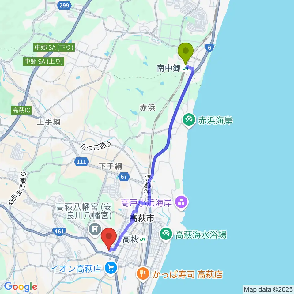南中郷駅から高萩市文化会館へのルートマップ地図