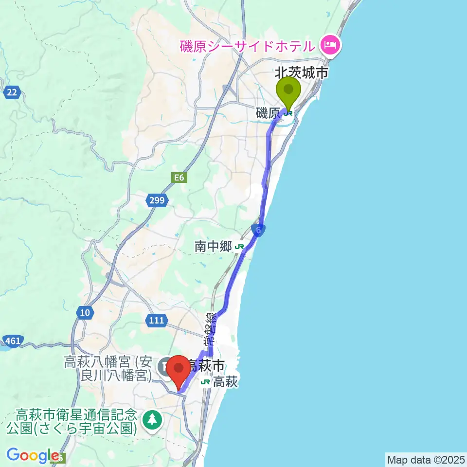磯原駅から高萩市文化会館へのルートマップ地図