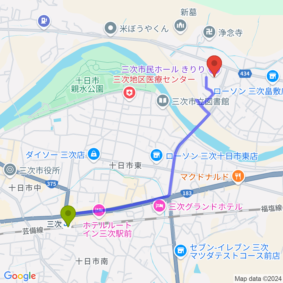 三次市民ホールきりりの最寄駅三次駅からの徒歩ルート（約23分）地図