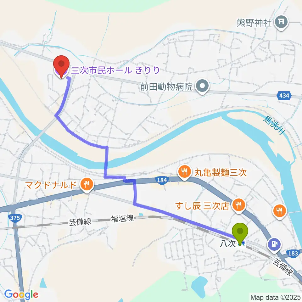 八次駅から三次市民ホールきりりへのルートマップ地図