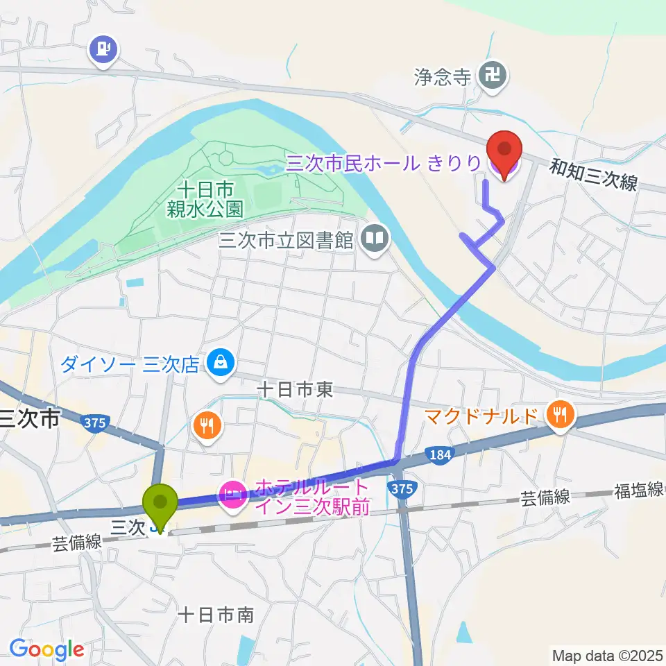三次駅から三次市民ホールきりりへのルートマップ地図
