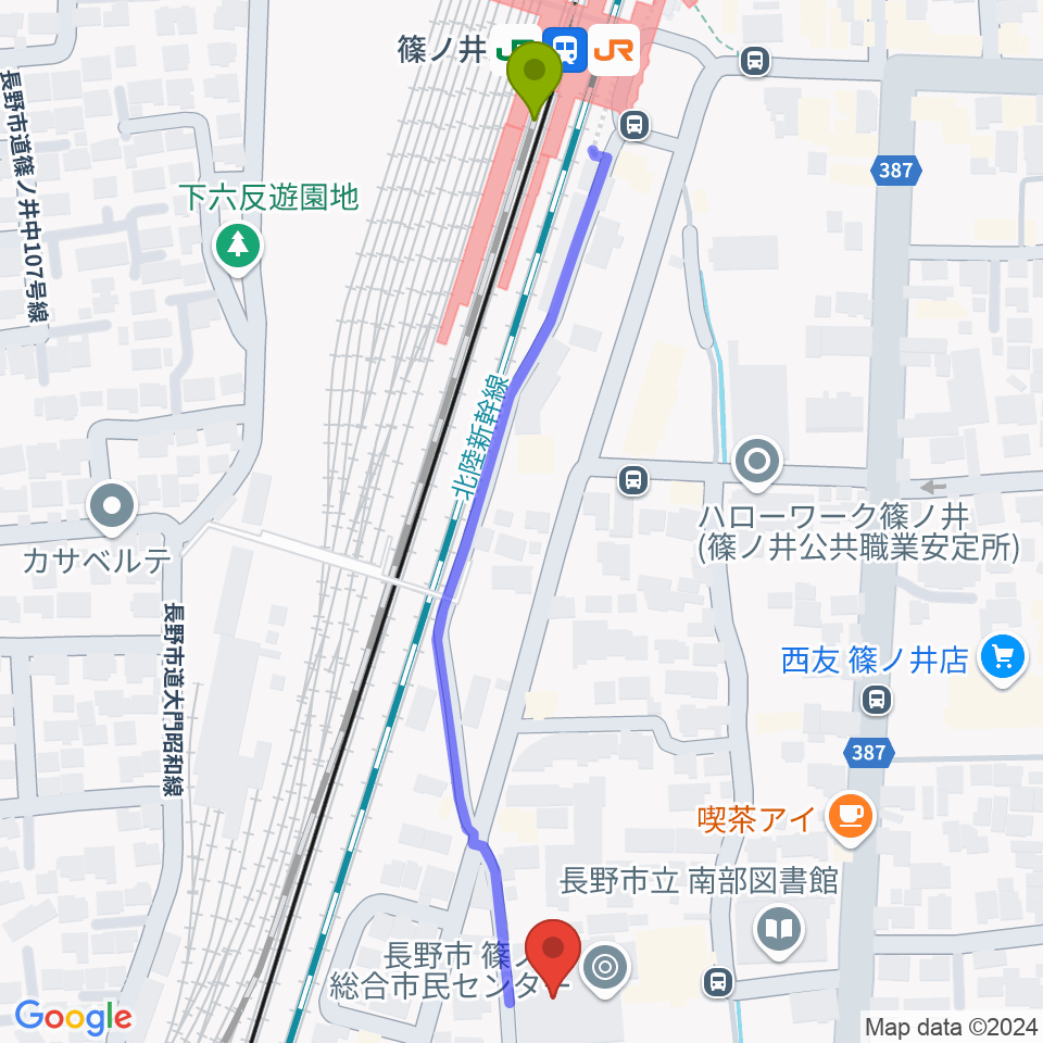 篠ノ井交流センターの最寄駅篠ノ井駅からの徒歩ルート（約6分）地図