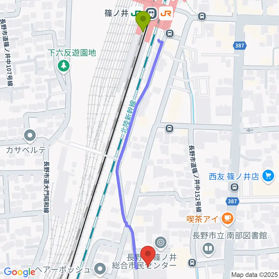 篠ノ井交流センターの最寄駅篠ノ井駅からの徒歩ルート（約6分）地図