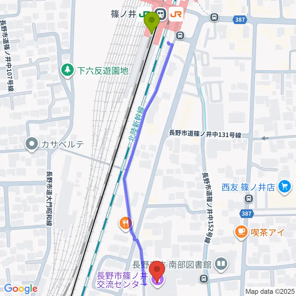 篠ノ井交流センターの最寄駅篠ノ井駅からの徒歩ルート（約6分）地図