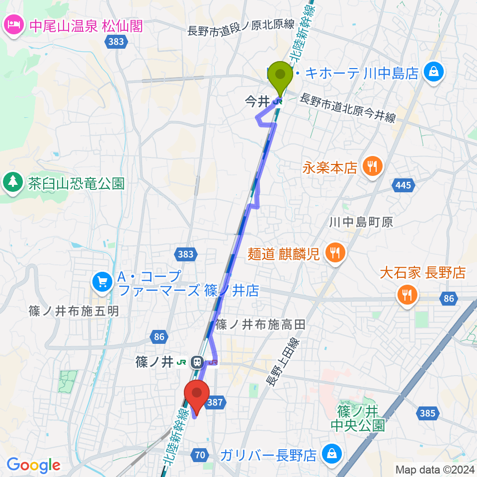 今井駅から篠ノ井交流センターへのルートマップ地図