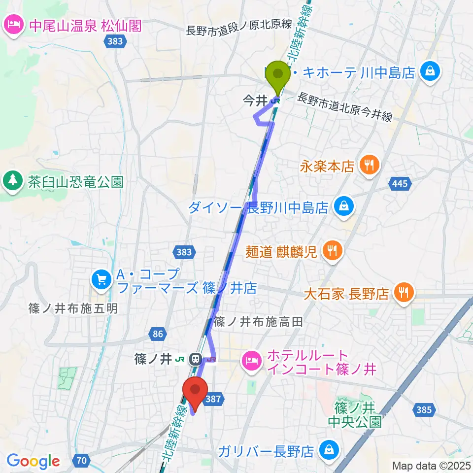 今井駅から篠ノ井交流センターへのルートマップ地図