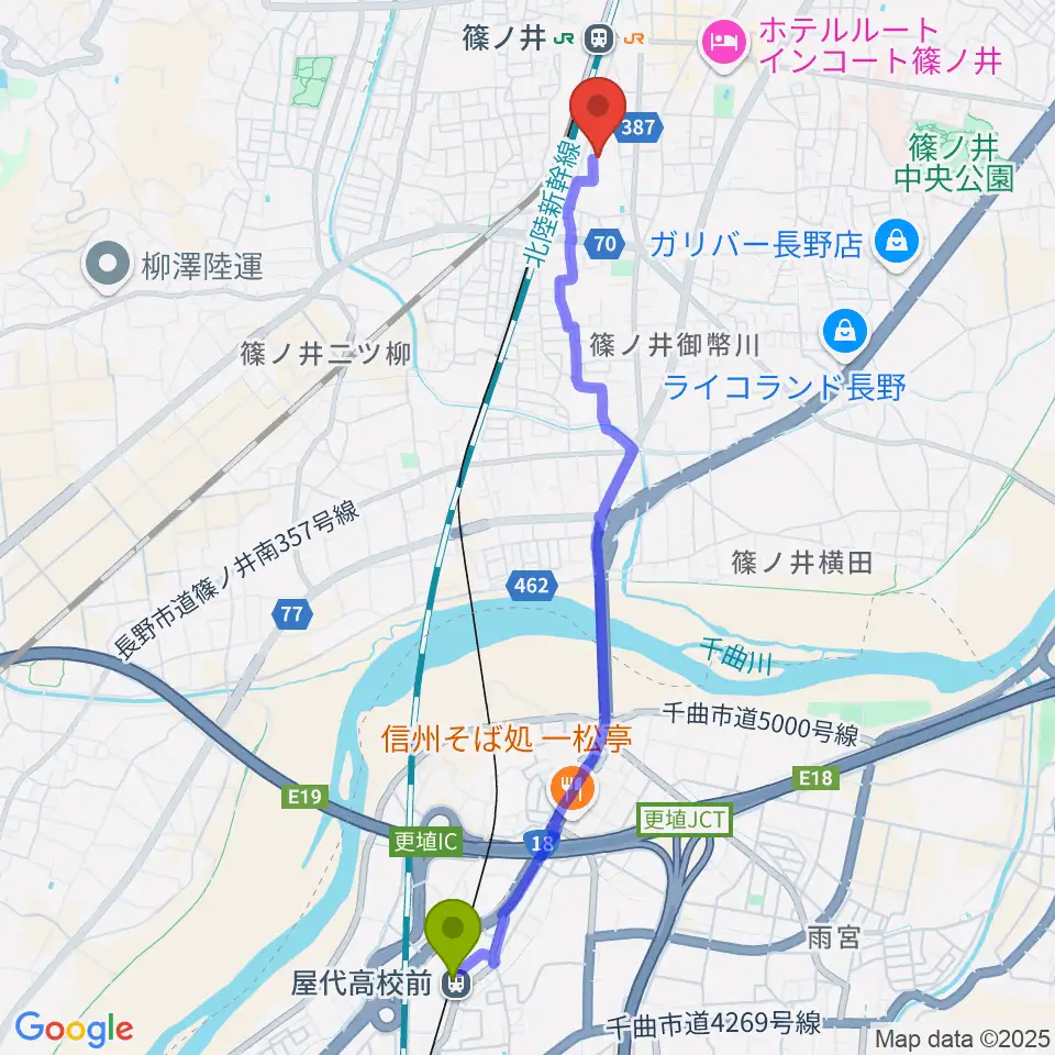 屋代高校前駅から篠ノ井交流センターへのルートマップ地図