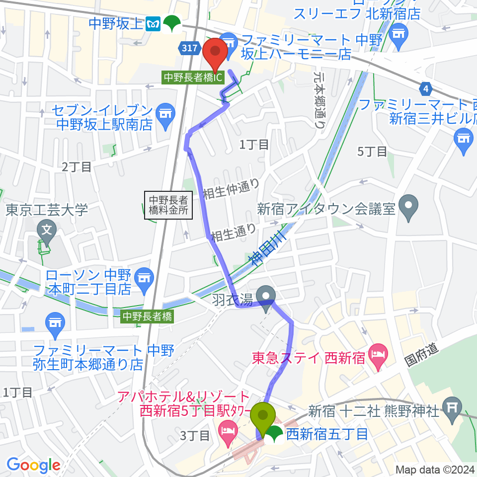 西新宿五丁目駅からベーゼンドルファー東京ショールームへのルートマップ地図