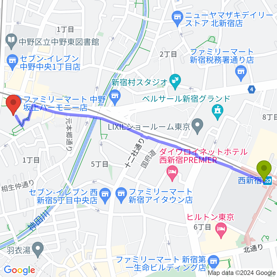 西新宿駅から中野坂上ハーモニーホールへのルートマップ地図