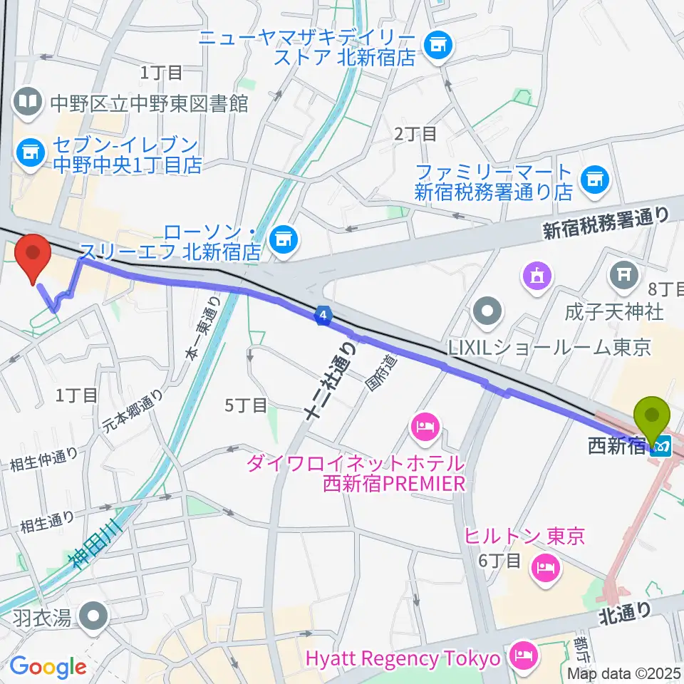 西新宿駅から中野坂上ハーモニーホールへのルートマップ地図