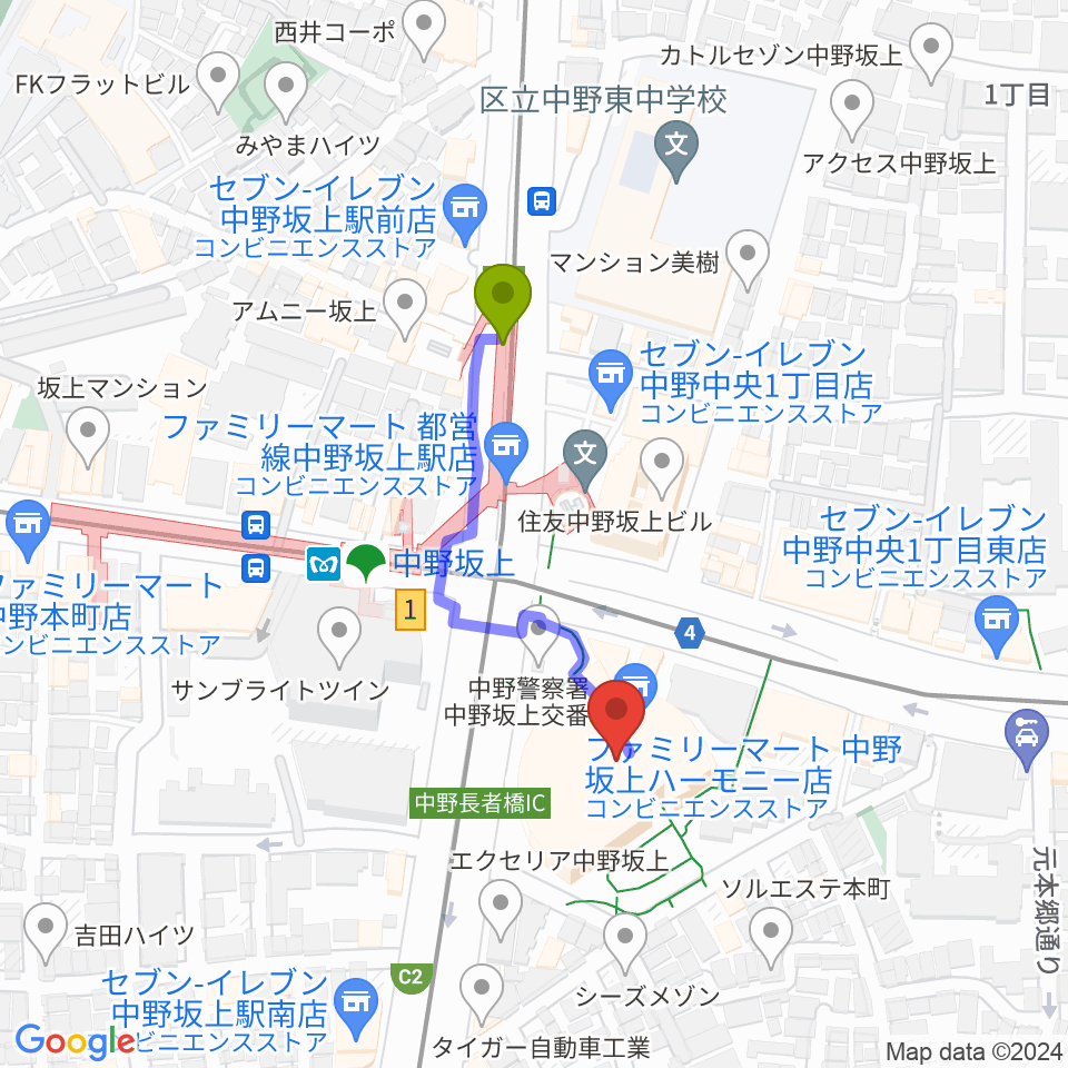 中野坂上ハーモニーホールの最寄駅中野坂上駅からの徒歩ルート（約3分）地図