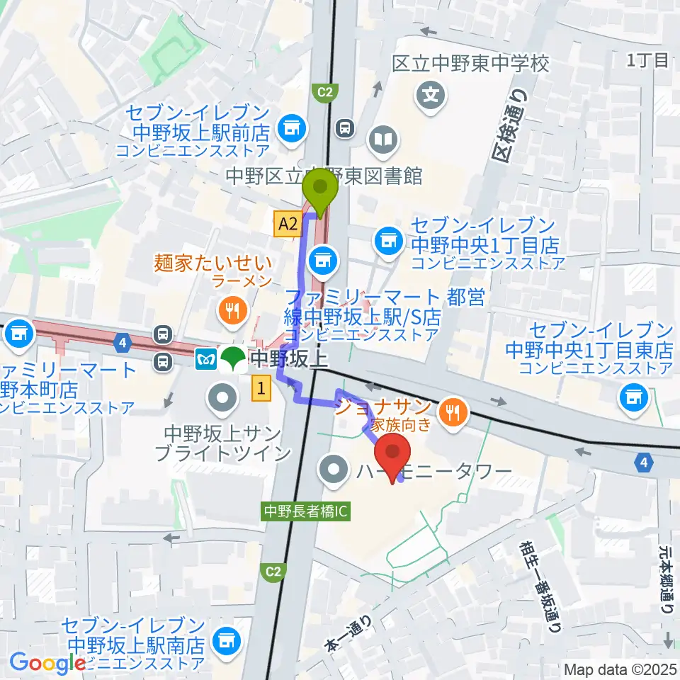 中野坂上ハーモニーホールの最寄駅中野坂上駅からの徒歩ルート（約3分）地図