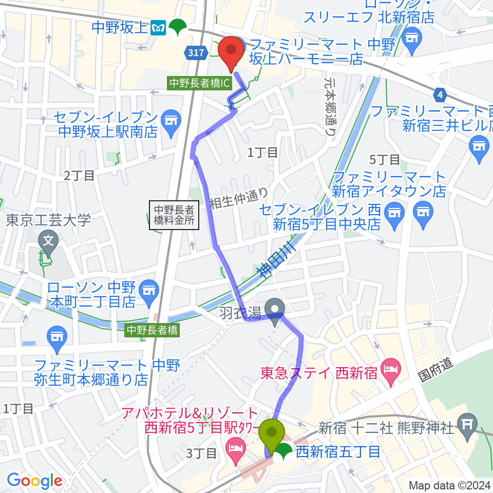 西新宿五丁目駅から中野坂上ハーモニーホールへのルートマップ地図