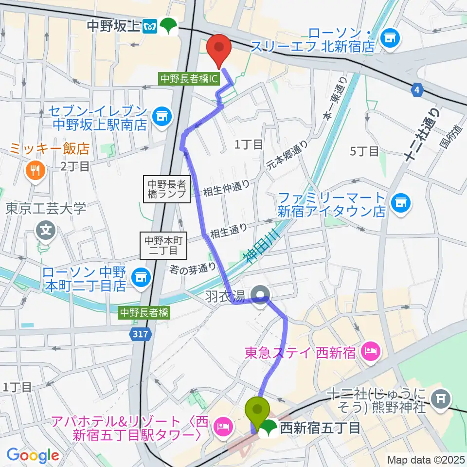 西新宿五丁目駅から中野坂上ハーモニーホールへのルートマップ地図