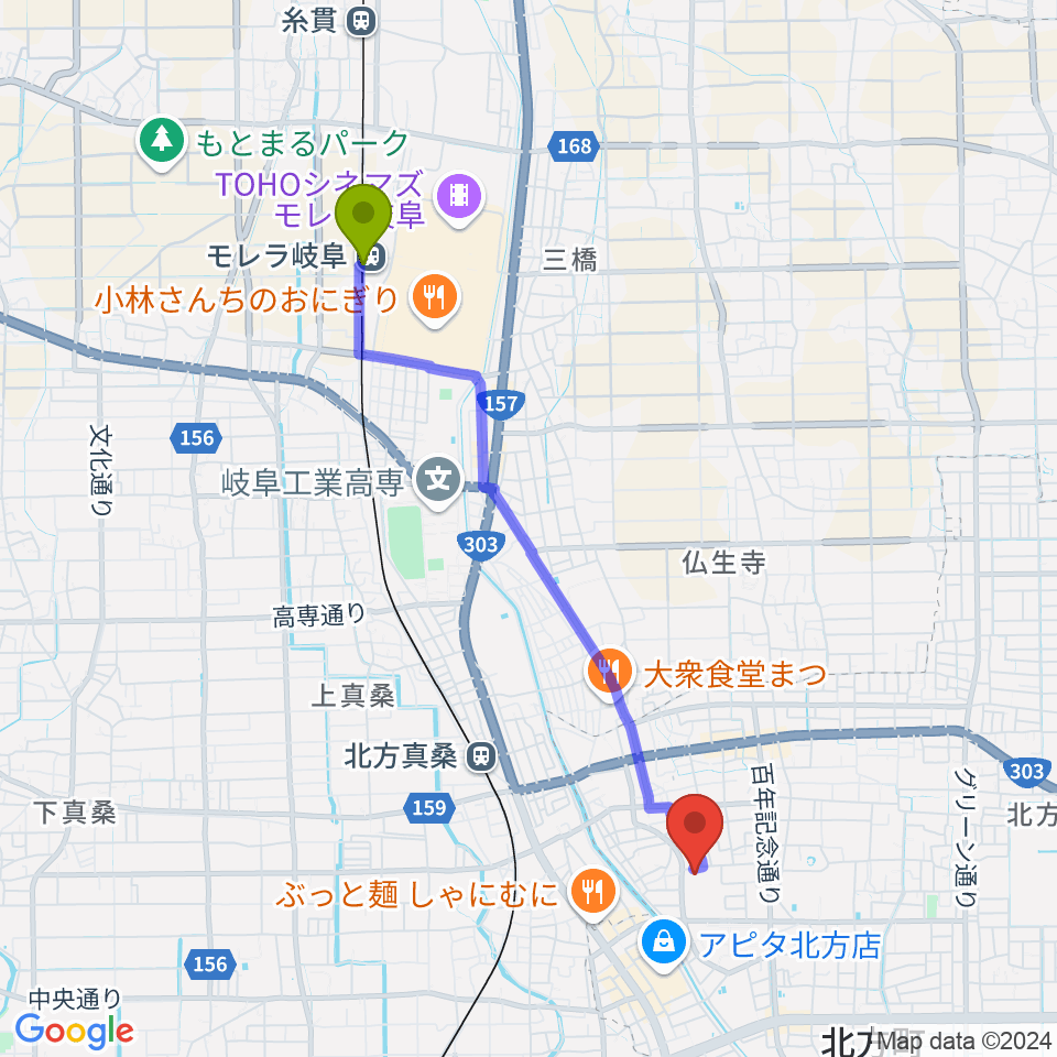 モレラ岐阜駅から北方町ホリモク生涯学習センターきらりへのルートマップ地図