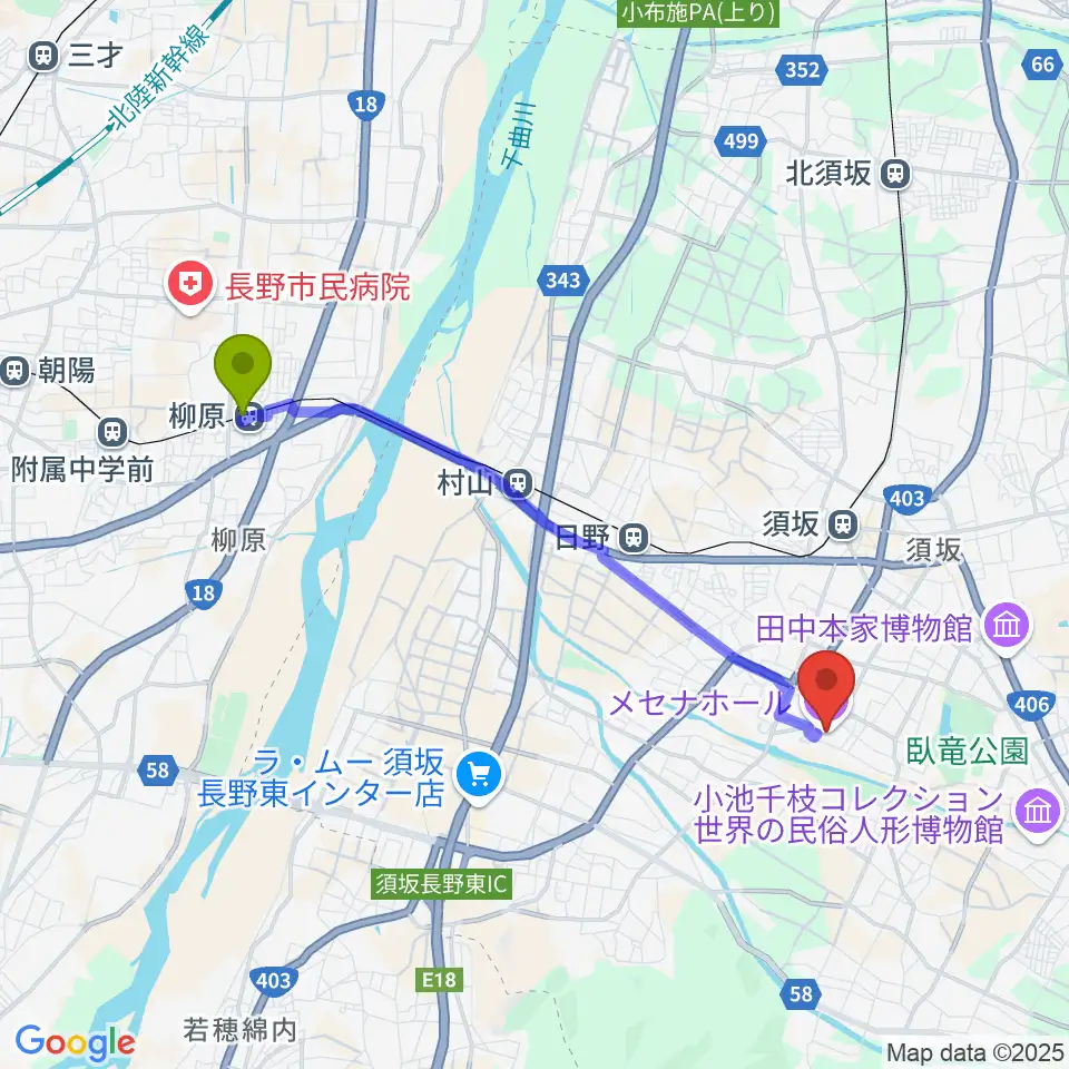 柳原駅から須坂市文化会館メセナホールへのルートマップ地図