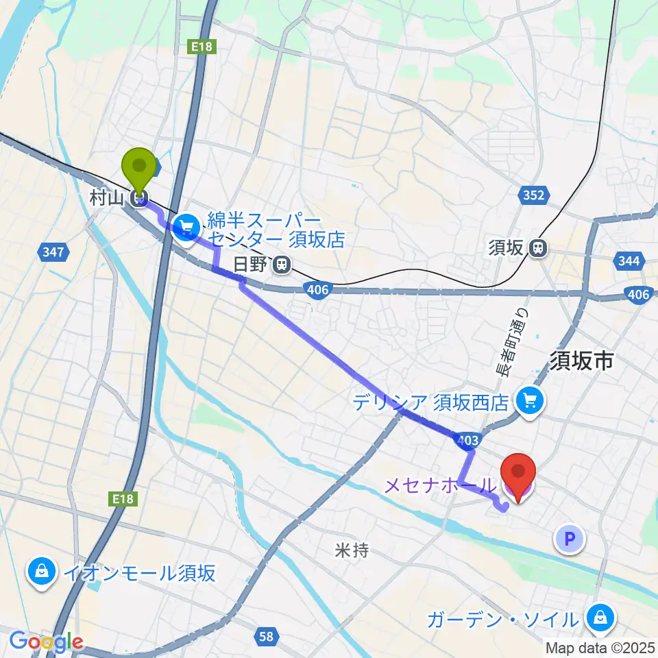 村山駅から須坂市文化会館メセナホールへのルートマップ地図