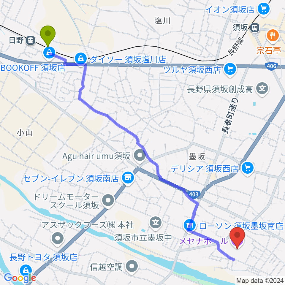 日野駅から須坂市文化会館メセナホールへのルートマップ地図