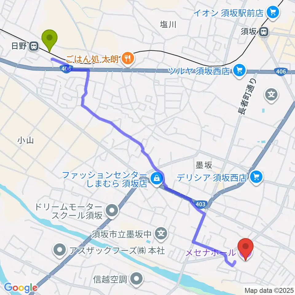 日野駅から須坂市文化会館メセナホールへのルートマップ地図