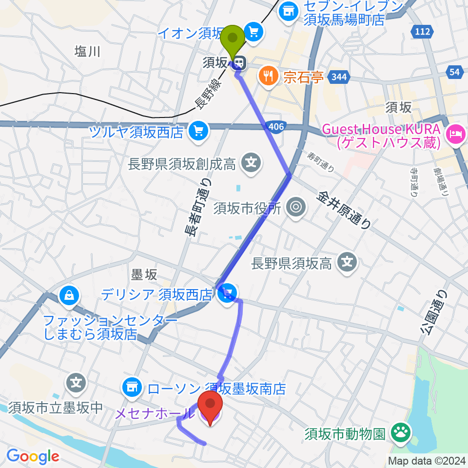 須坂市文化会館メセナホールの最寄駅須坂駅からの徒歩ルート（約24分）地図