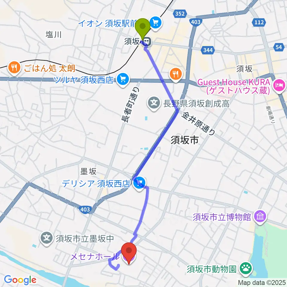 須坂市文化会館メセナホールの最寄駅須坂駅からの徒歩ルート（約24分）地図