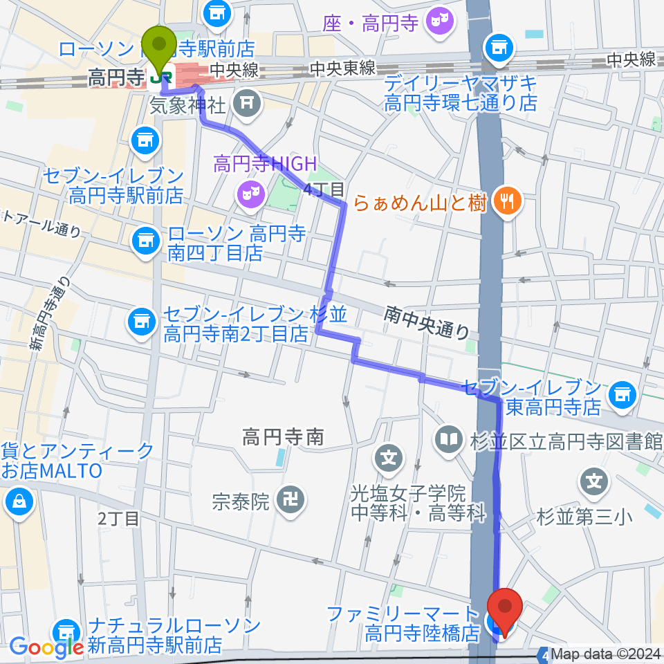 高円寺駅から東高円寺U.F.O.CLUBへのルートマップ地図